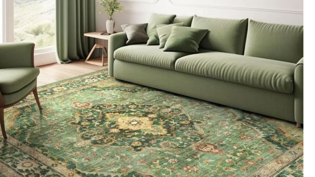 Emerald Vintage Persian Area Rug – Classic Floral Medallion Carpet