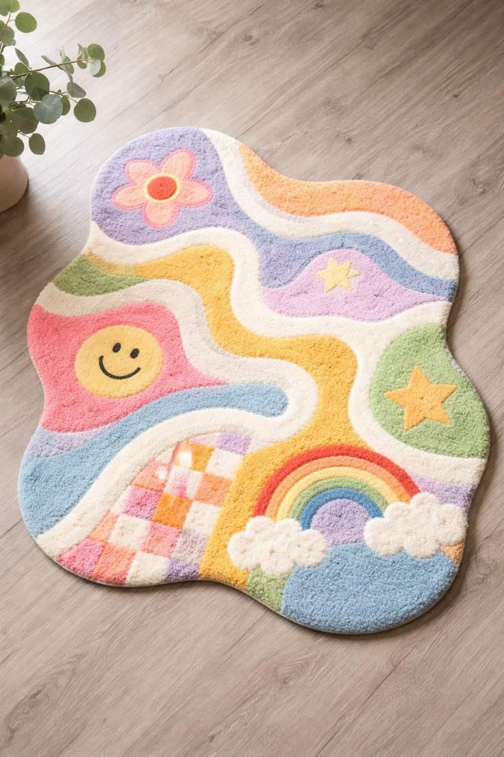 Rainbow Waves Hand Tufted Kids Area Rug – Soft Abstract Smiley Carpet for Bedroom & Playroom